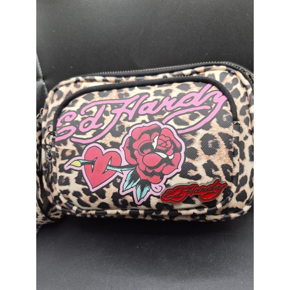 Ed Hardy Leopard Print Vegan Crossbody Bag With Rose & Heart Design